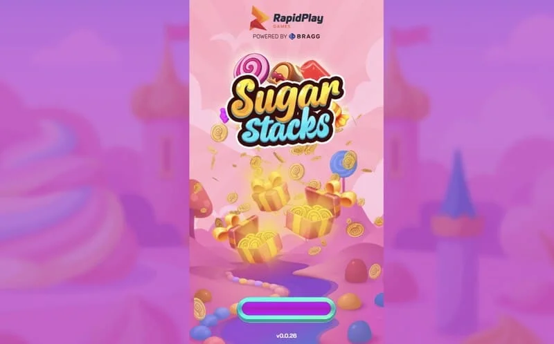 Sugar Stacks – ielādes ekrāns ar RapidPlay Games logotipu
